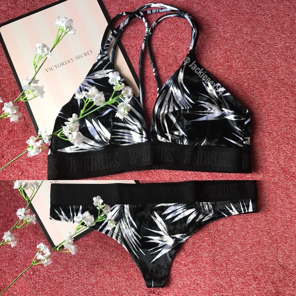 Victoria’s Secret PINK Velvet BRA & Thong Panty SET Black Palm NEW